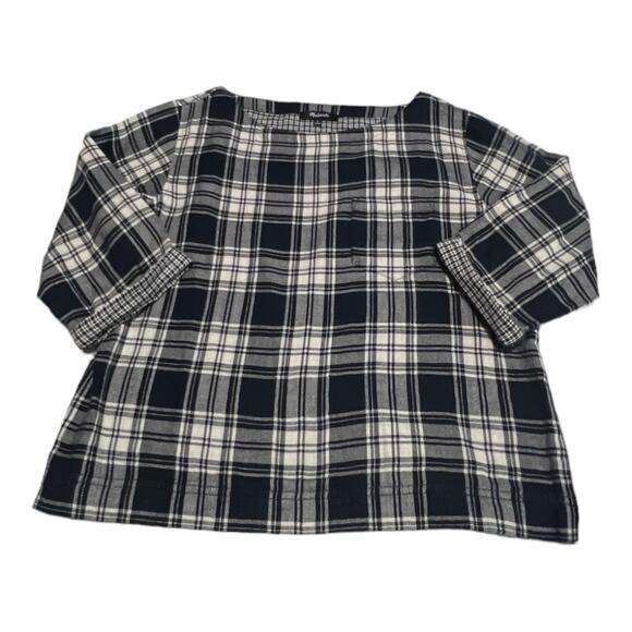 Madewell Double Navy Plaid 3/4 Sleeve Pullover Cotton Top Women Size S Cottage - Picture 3 of 7